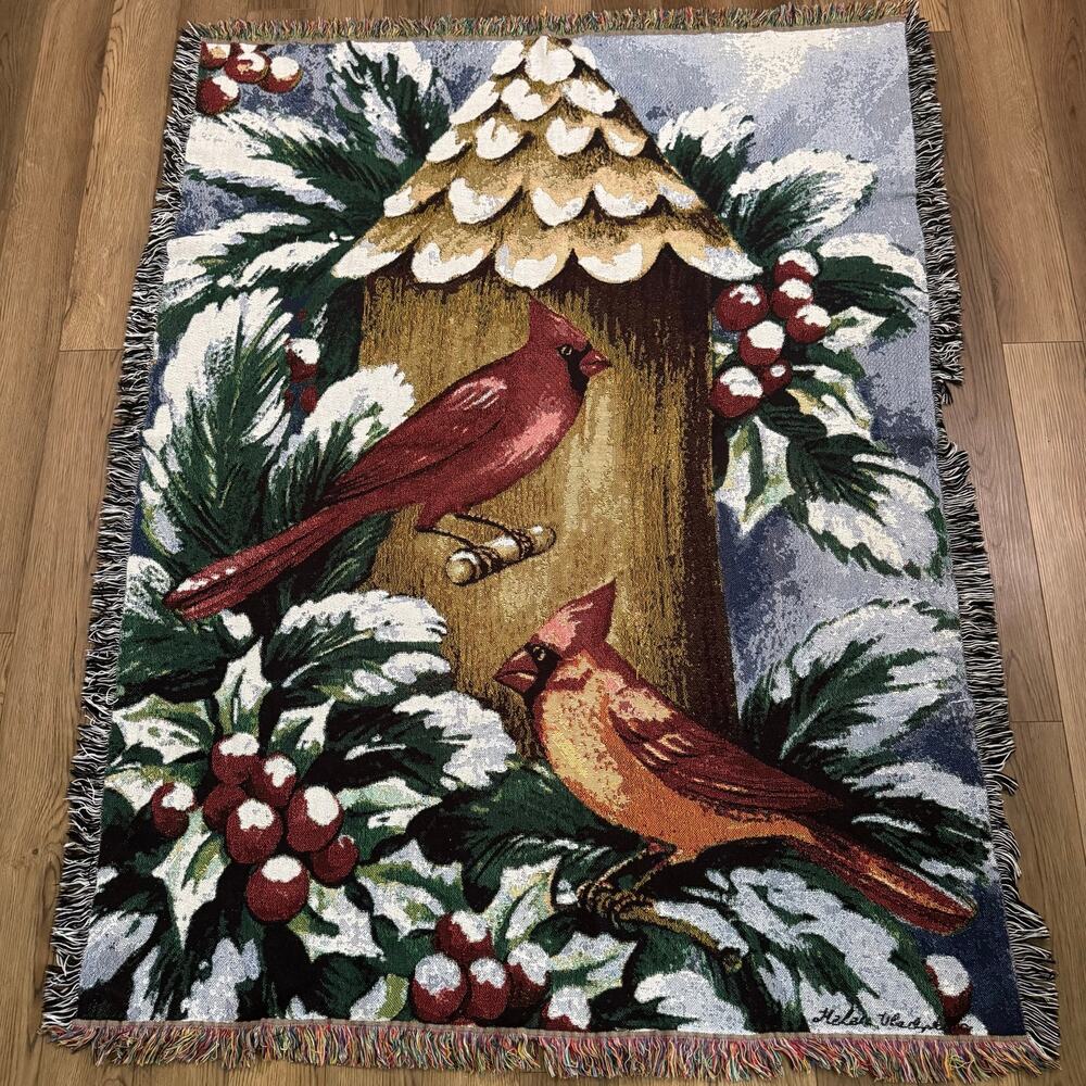The Rug Barn Throw Cover Blanket Cardinals Winter Scene Tapestry Bird House